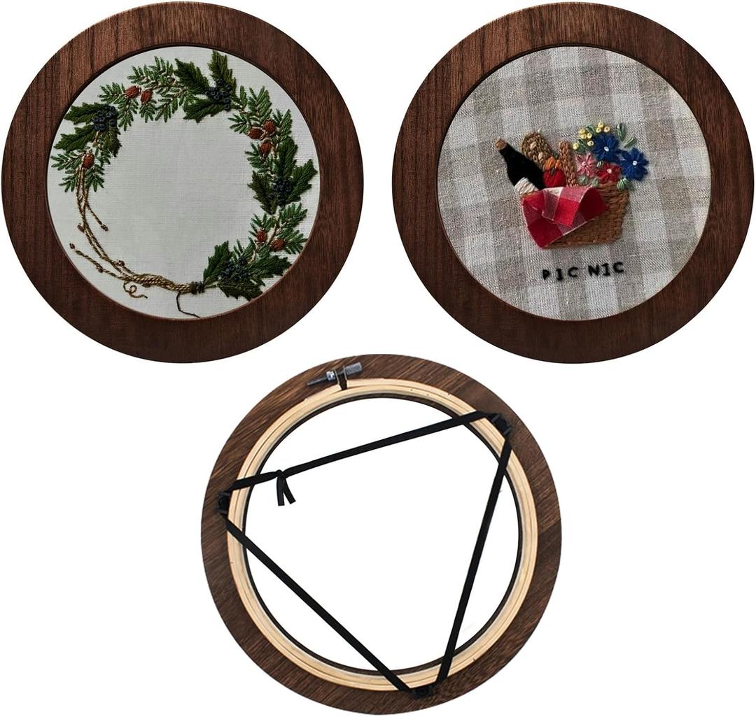 3 Sets Solid Wood Embroidery Frames with Bamboo Hoops, 8 Inch Round Embroidery Display Frame Set for Finished Cross Stitch and DIY Art Craft Sewing Ornaments (Brown)