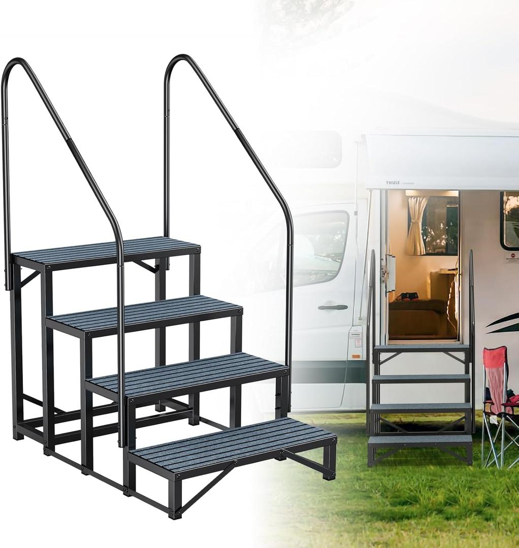Rv Steps with Handrail 4 Step,Hot Tub Steps with Anti-Slip Mats,Heavy Duty Metal Mobile Home Stairs,Camper Steps for Travel Trailer,Portable Step Ladder for Spa,Pool and Porch, Black 