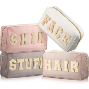 Cunno 4 Pcs Preppy Makeup Bags Chenille Letter Stuff Bag Nylon Cosmetic Pouch Cases with Zipper for Women Travel Toiletry (Light Apricot)