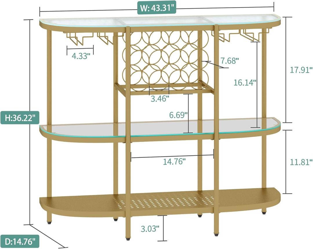 O&K FURNITURE Home Bar Table with Racks, 3 Tier Bar Table with Glass Holders, Cabinet with Open Shelf, Liquor Bar Coffee Bar Table for Living Room Kitchen, Gold