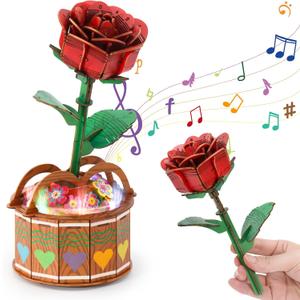 MIEBELY 3D Wooden Puzzles for Adults, Light Up 3D Puzzle Flower Rose Building Puzzle with Music Box, 216 pcs Craft Birthday Gift for Adult and Teen