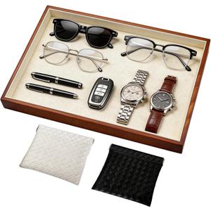 Large Solid Wood Jewelry Watch Tray, Velvet Jewelry Board Display Trays for Key Wallet RingStackable Wooden Jewelry Drawer Organizer Showcase Jewelry Holder(Beige)