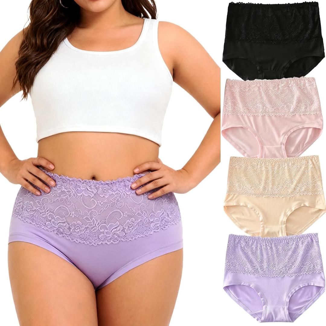 Womens Underwear Lace Panties Ladies Briefs Mid Waist Nylon Panty 4-Pack Plus Size (XX-Large)
