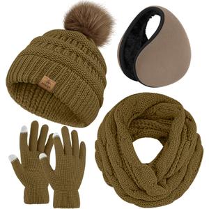 URATOT Winter Warm Sets Knitted Scarf Beanie Pompom Hat Touch Screen Gloves and Winter Ear Warmer Set for Men or Women (Brown)