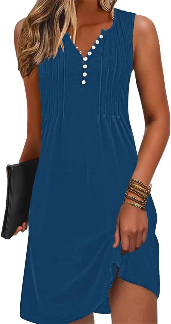 Disamer Beach Dresses for Women 2025 Vacation Swim Cover up V-Neck Summer Dress Button Down Sleeveless Boho Floral Sundress (Small, Pure Blue)