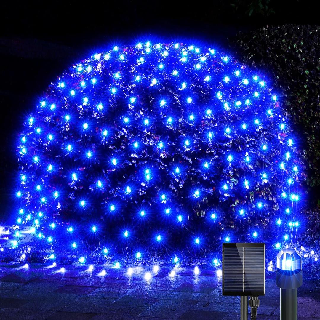 WBao Solar Christmas Net Lights 200LED F8 Big Bulbs, 8.4ft x 5.2ft Christmas Bushes Lights with Remote Control, 8 Modes, Timer, Waterproof for Lawn, Bushes, Shrubs Outdoor Xmas Decorations, Blue