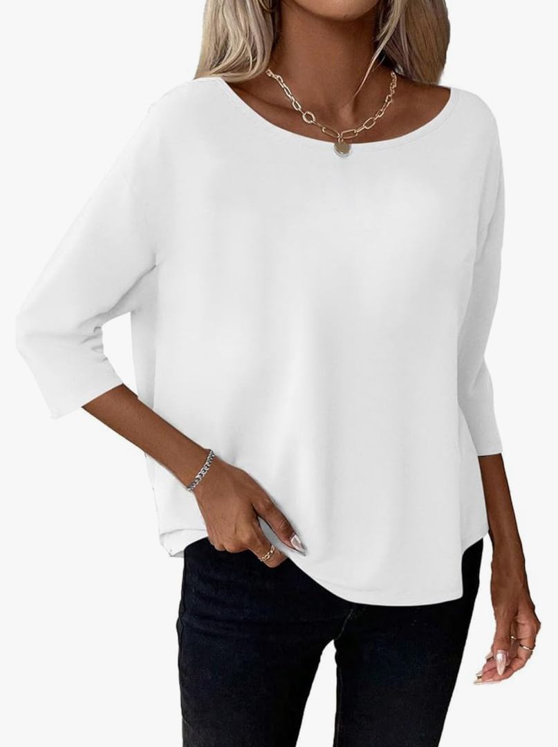 LilyCoco Womens 3/4 Length Sleeve Tops Striped Boat Neck Shirt Frenchy Cotton Tees, Small