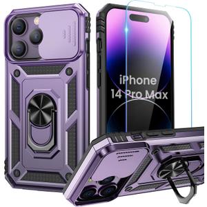 2 x Goton Only for iPhone 14 Pro Max Case with Screen Protector - Slide Camera Cover with Ring Stand, Heavy Duty Military Grade Shockproof Rugged Accessories for iPhone 14Promax Dark Purple