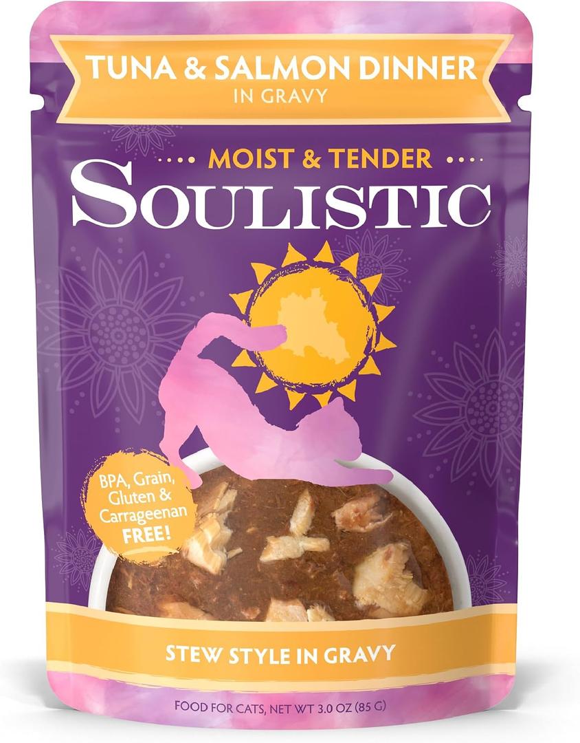 Soulistic Moist and Tender, Tuna and Salmon Dinner in Gravy, 3oz Pouch, Pack of 8 (EXP 11/21/27)