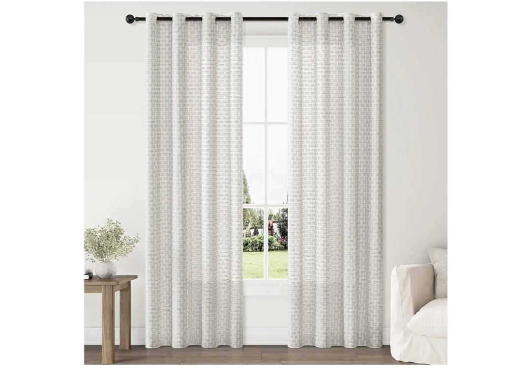 ChrisDowa Semi Sheer Linen Light Grey Curtains 72 Inches Long 2 Panels for Living Room Dining Room Vintage Plaid Jacquard Light Filtering Voile Grommet Window Treatments Drapes Privacy Assured,52X72
