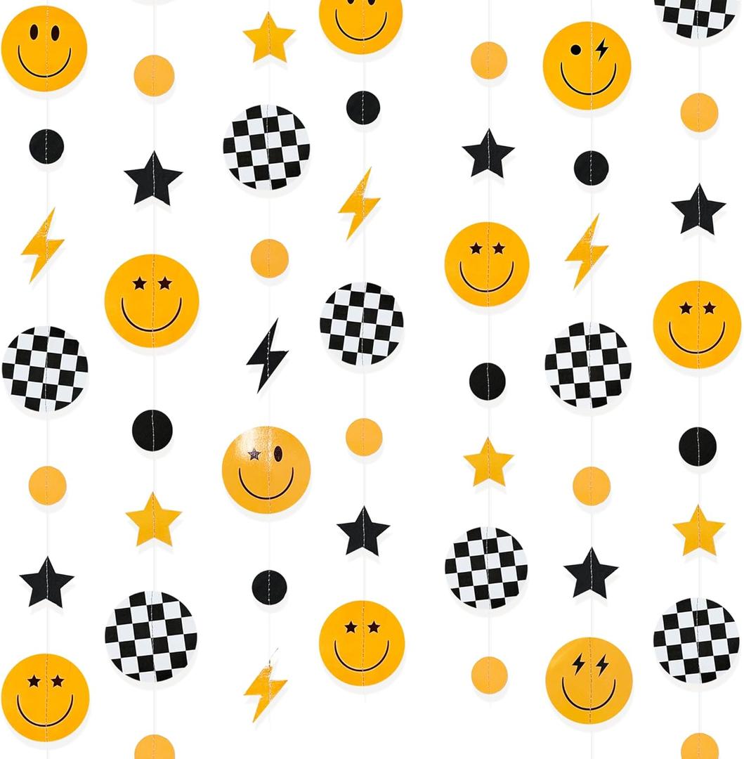 One Happy Dude 1st Birthday Decorations Black Yellow Smile Face Lightning Star Checkered Circle Dot Smiley Face Garland Streamer for Baby Shower First Birthday Wedding Hippie Party Decoration Supplies