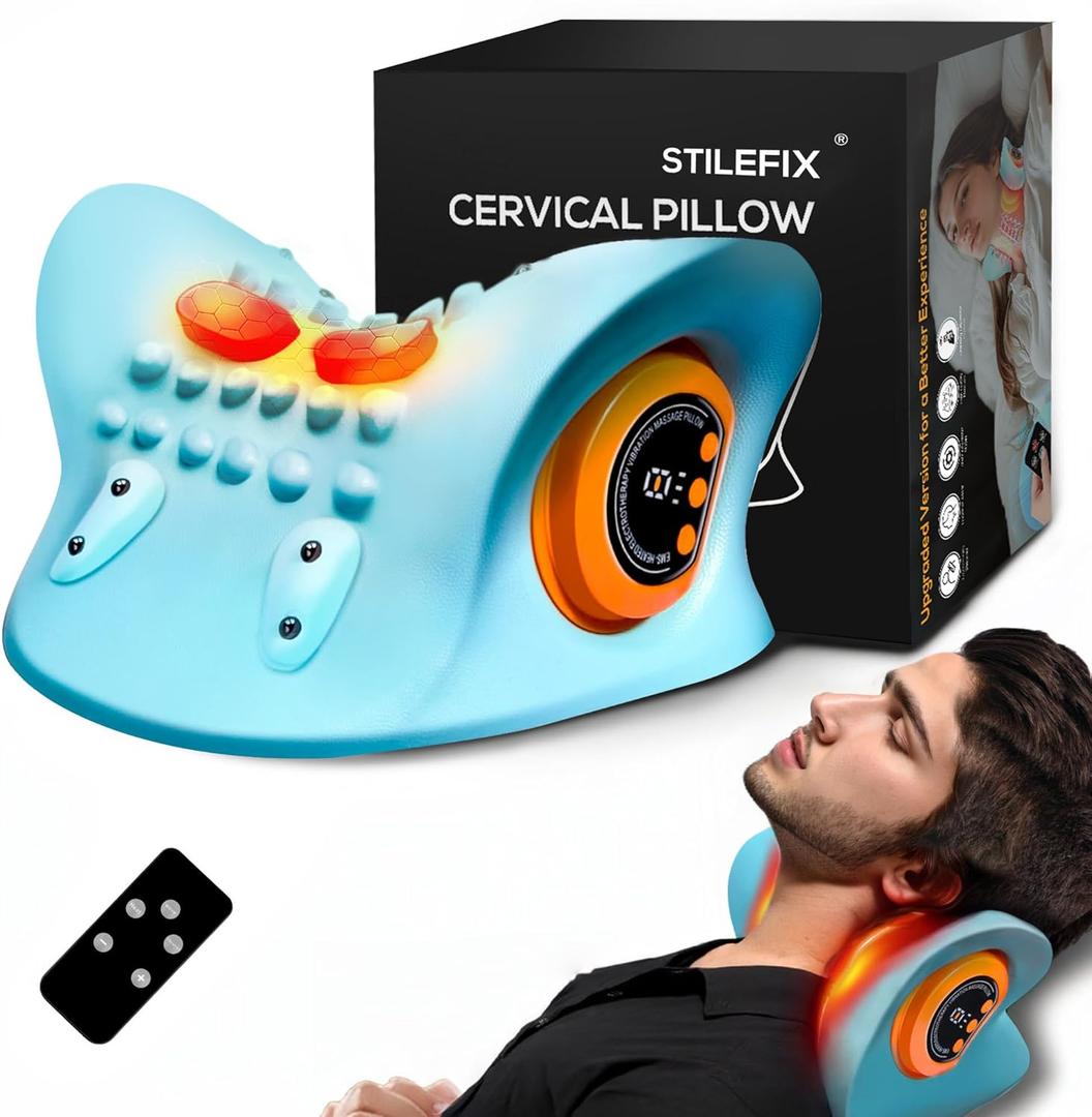 Neck Massager Pillow for Deep Tissue Pain Relief, Portable Neck Stretcher with Heat, 3 Adjustable Modes, Ergonomic 26 Shoulder Massager,Blue