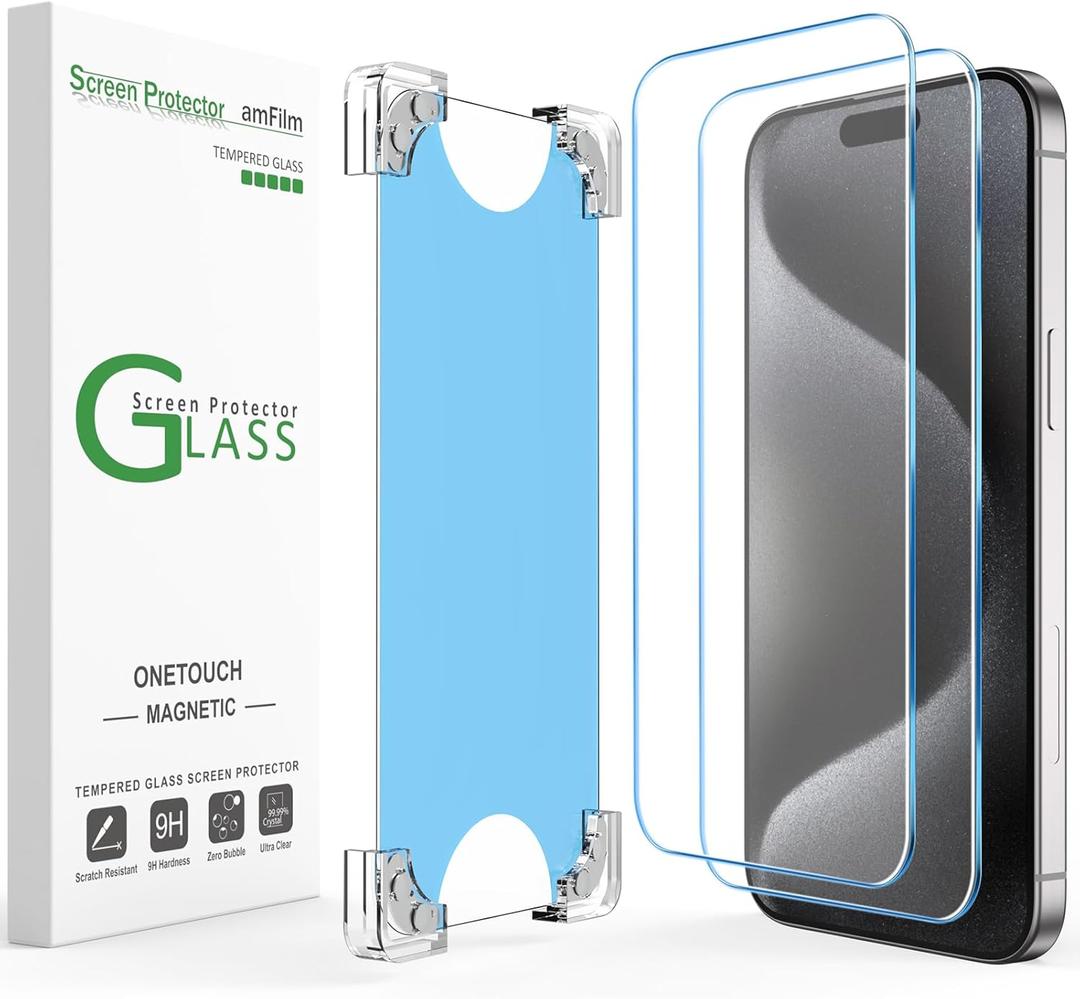 amFilm 2 Pack Magnetic OneTouch for iPhone 15 Pro 6.1" Screen Protector [Eco Friendly & Reduce Plastic] [Indestructible Ultra 9H Tempered Glass] [15 seconds Auto-Alignment & Ultra Fast Installation]