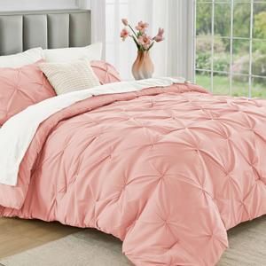 JOLLYVOGUE Full Size Comforter Sets 7 Pieces - Bed in a Bag Full for All Season, Pintuck Bedding Comforter Sets with Comforter, Flat Sheet, Fitted Sheet and Pillowcases & Shams, Pink & Ivory
