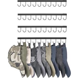 Mkono Hat Rack for Wall Hat Storage Organizer for 40 Baseball Caps, Modern Metal Closet Hat Hooks, Wall Mount Ball Caps Holder Organizer for Bedroom Entryroom Closet Organization, Set of 4, Black