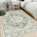LIVEBOX Washable Area Rug 5x7 - Large Vintage Tribal Living Room Rug Vintage Non-Slip Indoor Rugs for Bedroom, Low-Pile Retro Carpet Print Distressed Accent Rugs for Nursery Entryway Office, Sage