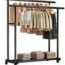 Heavy Duty Double Rod Clothing Rack with Wheels, 39in Wide Metal Garment Rack for Hanging Clothes, Freestanding Closet Organizer with Bottom Shelf for Shoes and Boxes, Ideal for Bedroom, Laundry Room