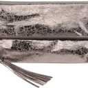 JNB Women's Cracked Metallic Fabric Foldover Clutch with Tassel (Pewter)