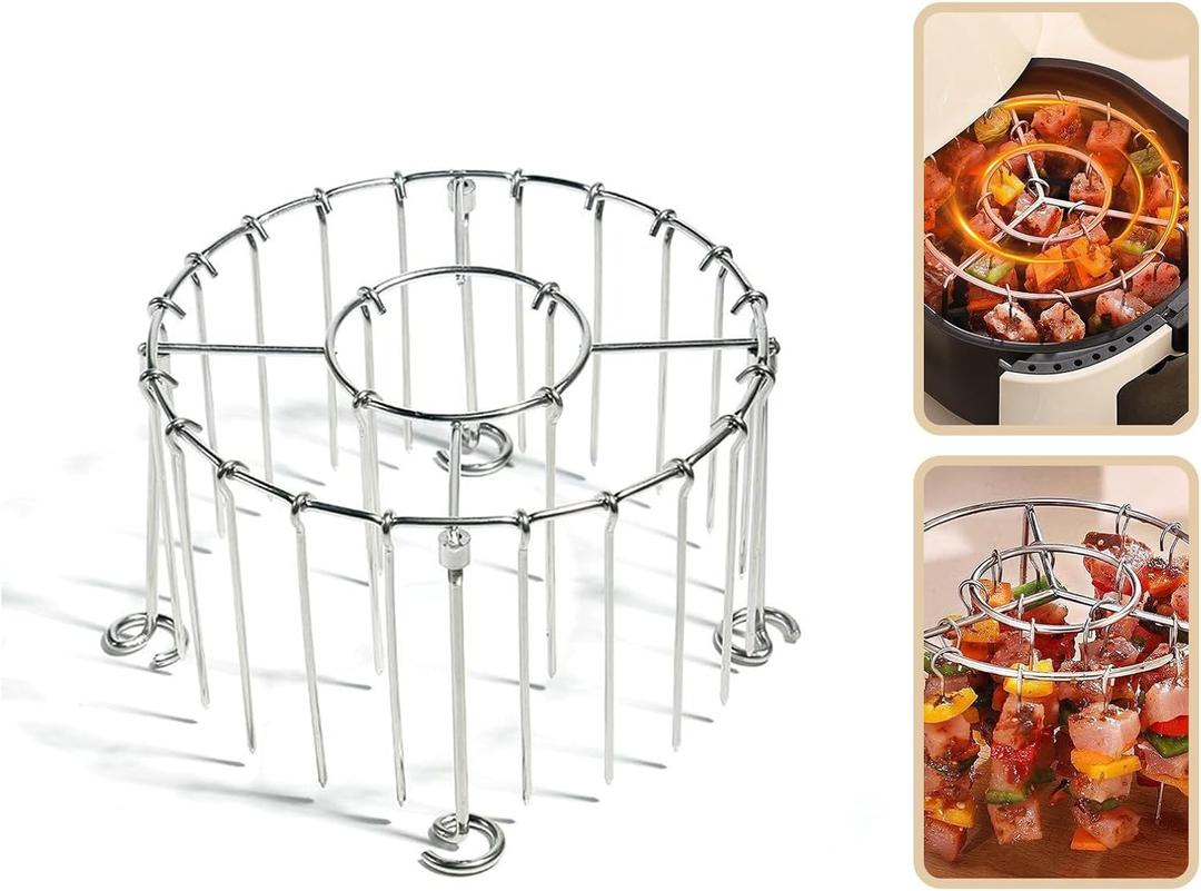 2025 New Air Fryer Grill Skewer Rack, Stainless Steel BBQ Kabob Set, 30 Vertical Meat Skewers with Round Hanging (1)