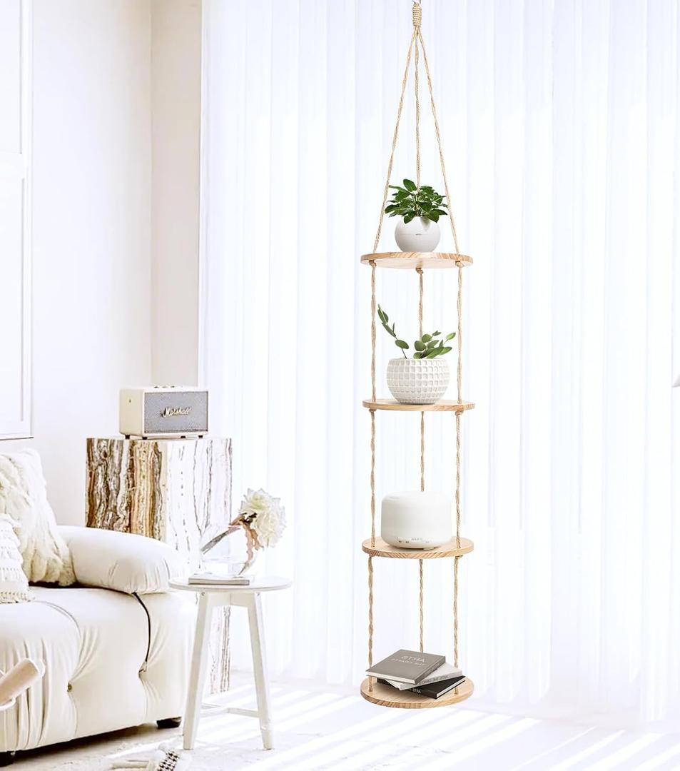 Hemp Rope Hanging Plant Shelf from Ceiling for Narrow Space Boho Hanging Plant Shelves, Natural Pine Wooden Plant Stand Display for Indoor, Outdoor, Corner, Balcony, Living Room and Bedroom