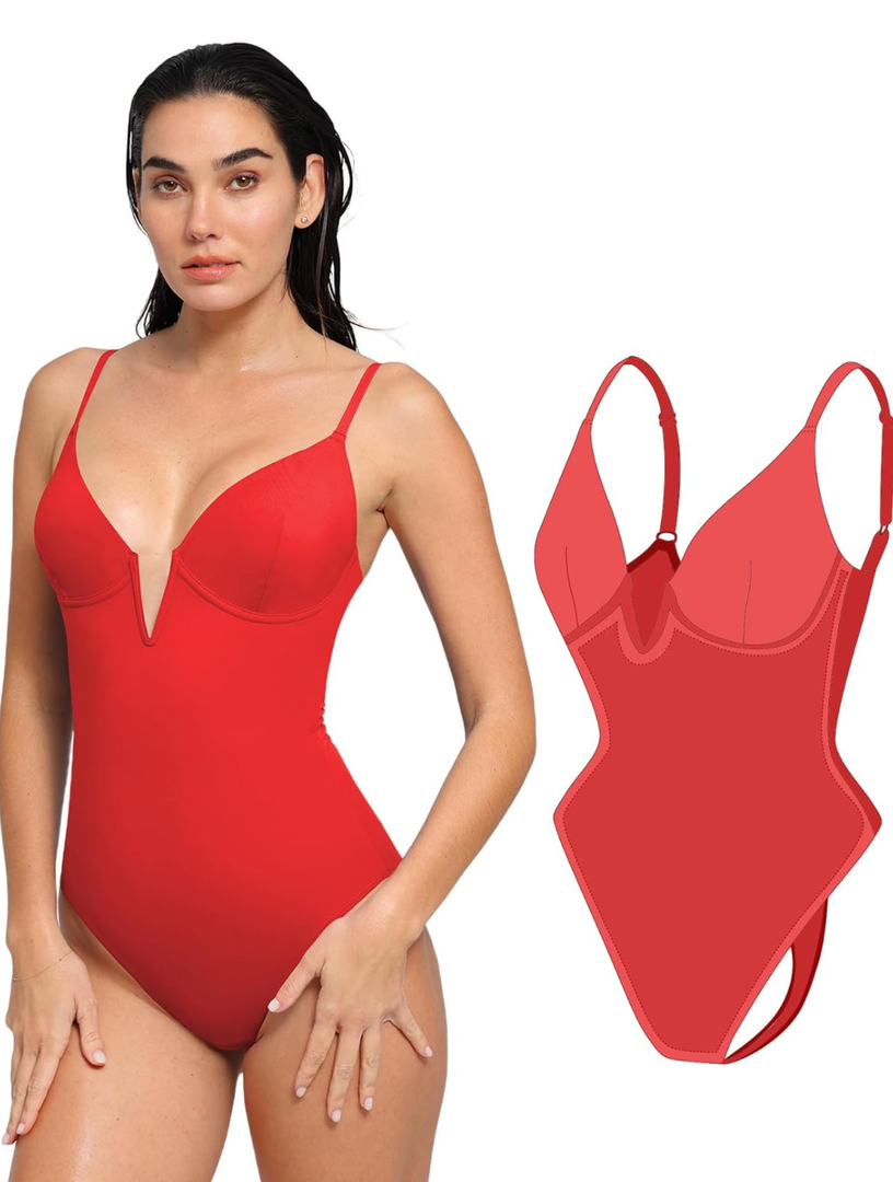 Popilush Tummy Control Swimsuits for Women Deep V Neck One Piece Shapewear Swimsuit Slimming Swimwear Built in Bra XL