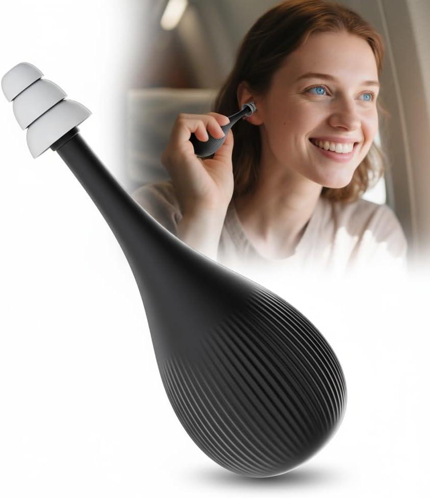 Ear Pressure Relief Device, Migraine Ear Pressure Relief, Airplane Ear Pressure Relief, Ear Pressure Tool with 3 Earplugs, for Ear Pressure Balance and Flying Discomfort (Black)