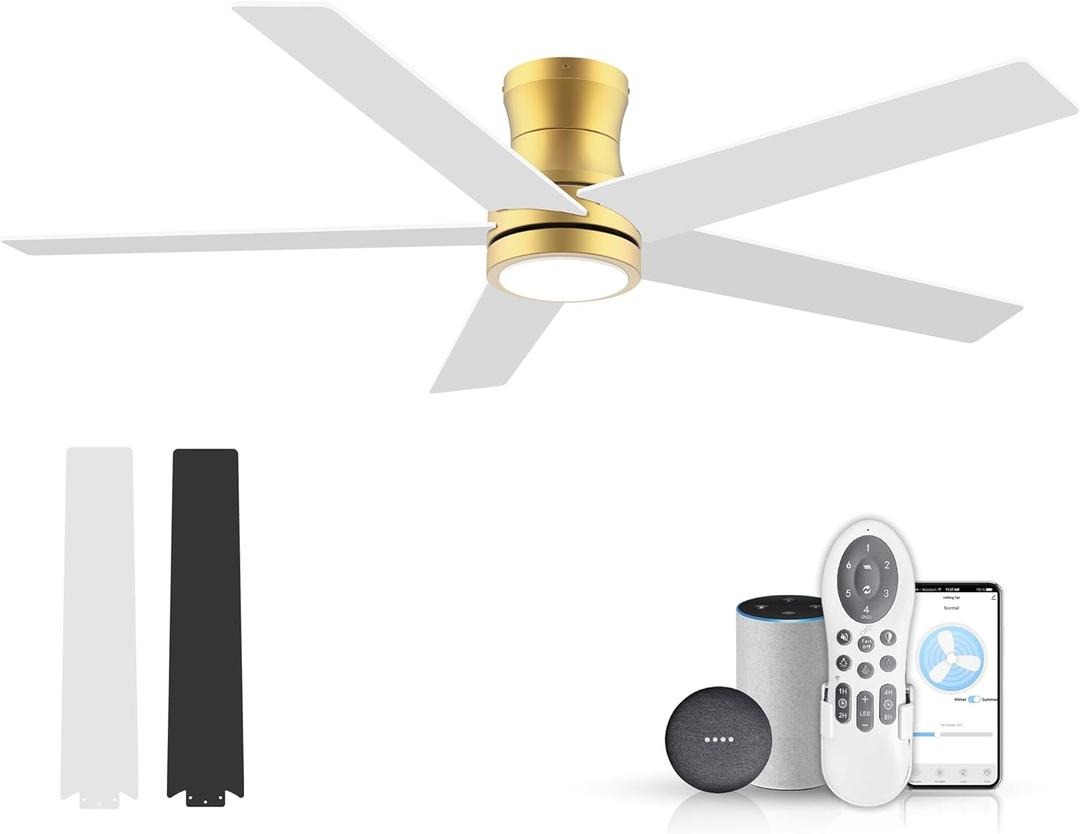 52" Smart Low Profile Ceiling Fans with Lights Remote,Outdoor Indoor Flush Mount Ceiling Fans,Controll by Voice WIFI Alexa App,Quiet DC Motor,Gold White Black Fan for Modern Bedroom Living Room Patio