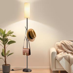 Tall Floor Lamp for Living Room,Modern Standing Lamp with 3 Hooks Clothes Rack,Multi-Functional Floor Light with 9W LED Bulb,Adjustable Color Temperature,Dimmable Floor Lamp for Bedroom Office