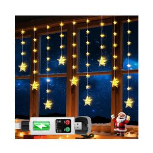 Rechargeable Stars Christmas Window Lights, IP65 Waterproof 90 LEDs 54 Stars Hanging Curtain Lights with 3 Timer Modes, Warm White Christmas Star Decoration for Indoor Outdoor Xmas Home Party Decor