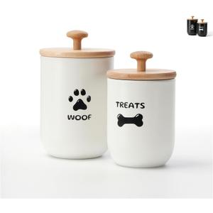 Dog Treat Container Set of 2, Dog treat jar with Airtight Lid, Small dog food container, Dog Cookie Jar for kitchen Counter, Treats Canister, Pet Treat Container 8.3x4.9 & 7.1x4.3 (White)
