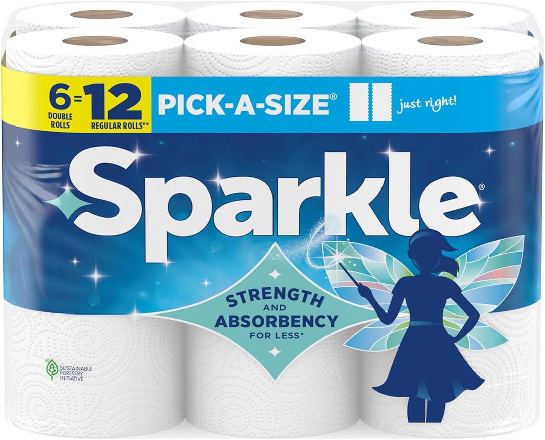 Sparkle Pick-A-Size Paper Towels, 6 Double Rolls (660 Sheets Total) - Strong 2-Ply Towels for Kitchen Cleanup and Everyday Messes