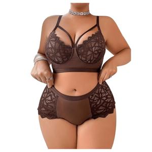 SOLY HUX Women's Plus Size Sheer Lace Lingerie Wireless Bra and Panty 2 Piece Underwear Set Coffee Brown 3X-Large Plus