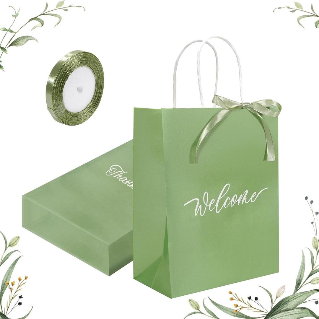 Zikoos 48 Pcs Welcome Bags for Wedding Guests Set with 1 Roll of Ribbon, 10.6 X 8.2 X 4.4 Inches Sage Green Thank You Gift Paper Bags with Handles for Wedding Favor, Hotel Guests, Party Supplies