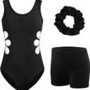 HOZIY Girls Gymnastics Leotards Outfits Sparkly Bow Back Unitards Biketard with Tumbling Shorts Hair band Kids 3-10 Years (4-5T, Black Floral Cutout)