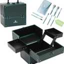 Makeup Train Case 2 Trays Makeup Box Organizer Portable Travel Makeup Case Lockable Makeup Storage Organizer Cosmetic Box for Jewelry Nail Tech Brushes Accessories Tool,Green Pro