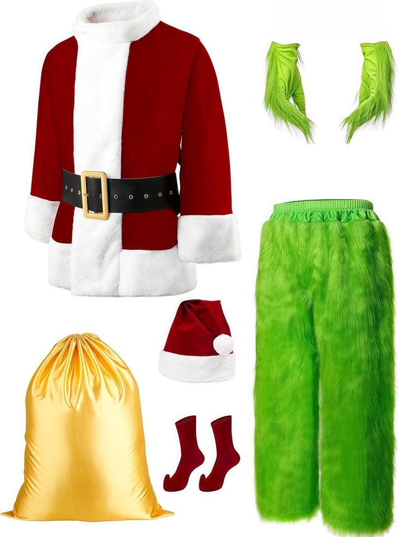 Christmas Green Costumes Adult, 8pcs Furry Santa Claus Costume for Men Funny Cosplay Santa Costume (Large, Red)