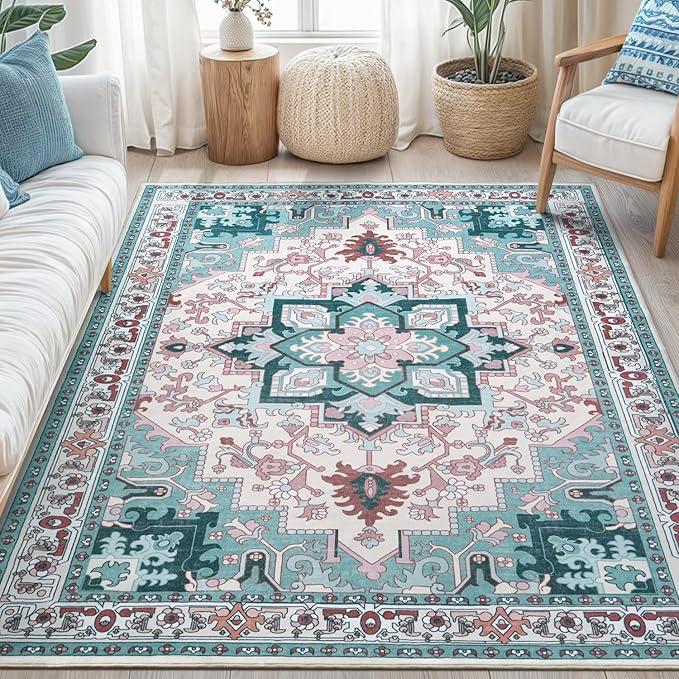 Boho Area Rugs 5x7 Washable Non-Slip,5 by 7 Low-Pile Retro Vintage Oriental Inspired Persian Style Bohemian Rug with Rubber Backing,Blue Carpet for Living Room,Bedroom,Dining Room Under Table,Office Light Blue