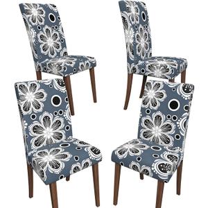 Stretch Dining Chair Covers Set of 4,Floral Print Chair Covers,Soft Removable Washable,Pet Friendly Furniture Protector,Universal Chair Slipcovers for Home, Kitchen,Ceremony Dining Room Seat (Gray Eight-petaled Flowers)