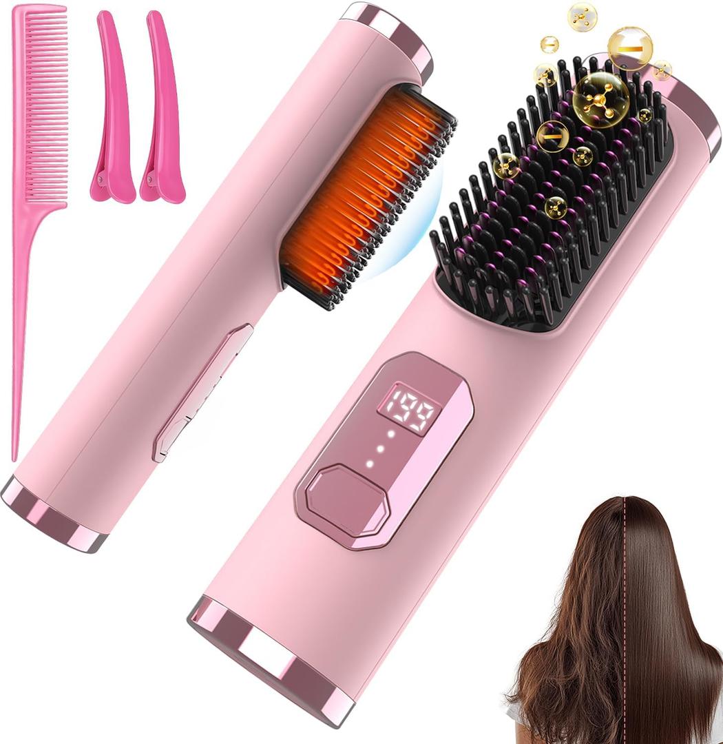 Cordless Hair Straightener Brush, Portable 500 Million Ions Smooth Straightening Brush, Rechargeable 4-IN-1 Go Brush, MCH Fast Heating, 5D Dense Bristles, LED Display, Anti-Scald for Women Home Travel