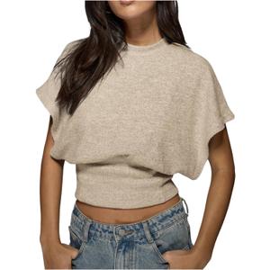 Women's Y2K Dolman Sleeve Tops Cinched Waist Going Out Tops Cap Sleeve Crop Shirt Casual Fall Spring Summer Shirt (Beige)