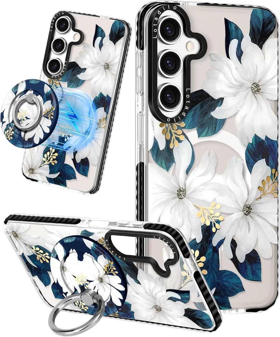 Lotadilo Cute Case for Samsung Galaxy A16 for Women Girls - Funny Blue Flower Design Compatible with Magsafe Magnetic Ring Holder Kickstand Fashion TPU Phone Covers