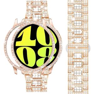 Dsytom Stylish Bands Compatible with Samsung Galaxy Watch 7/6 40mm 44mm, 20mm Bling Metal Replacement Galaxy Watch 7/6 Band 40mm 44mm with Rhinestone Protective Case for Women (Rose Gold)