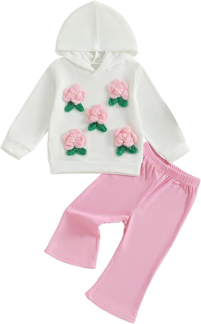 Toddler Girl Fall Outfits Flower Long Sleeve Sweatshirt Hoodies+Elastic Waist Flare Long Pants 2Pcs Clothes Set