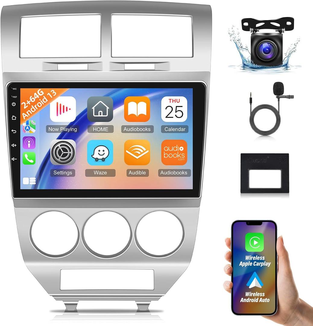[2+64G] Car Stereo for Dodge Caliber 2007 2008 2009 2010 - Wireless CarPlay and Android Auto - 10.1 inch Touchscreen Android Caliber Radio - WiFi, GPS, Mirror Link, SWC + AHD Backup Camera + Canbus