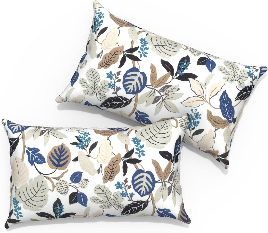 Outdoor Lumbar Pillows 12x20 inch, Rectangle Throw Pillows with Inserts, Decorative Lumbar Cushions for Patio Furniture Garden Couch Home Sofa Office Chair, Pack of 2, Breeze Leaves Beige