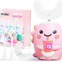 Kids U Shaped Electric Toothbrush with 4 Brush Heads, Sonic Toothbrush Kids with 5 Modes, Cartoon Dinosaur 360-Degree Cleaning IPX7 Waterproof Design (6-12 Age (Pink))