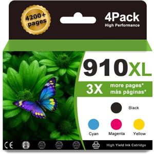 910XL Ink Cartridges Combo Pack Replacement for HP 910 Ink Cartridges 910XL Ink Work with HP OfficeJet Pro 8025e 8015e 8028e 8035e 8025 8035 8020 Printer Black Cyan Magenta Yellow(4 Pack)