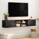 Floating TV Stand with Doors, 63'' Farmhouse Floating TV Shelf for TVs up to 80 Inch, 2 Tier Wall Mounted TV Stand, Floating Entertainment Center, TV Floating Cabinet for Living Room, Bedroom, Black
