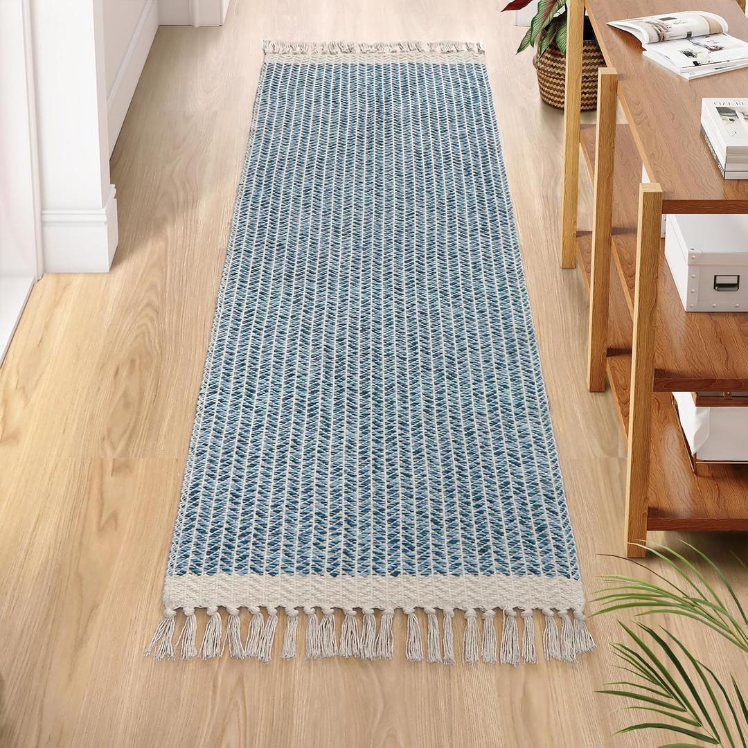 Lahome Boho Kitchen Runner Rugs, 2x6 Laundry Room Rug Lightweight Bathroom Runner Woven Cotton Throw Mat with Tassels, Farmhouse Washable Blue Rug Low Pile Runners for Hallways Entry