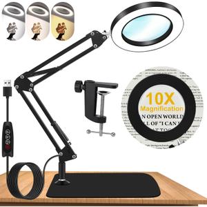 10X Magnifying Glass with Light and Stand, Dimmer Adjustable Swing Arm 2-in-1 Desk Lamp and Clamp, LED Lighted Desk Magnifier with Light for Craft Reading Repair Painting Close Work
